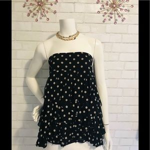 INC black mesh ruffle top/skirt with tan dots.